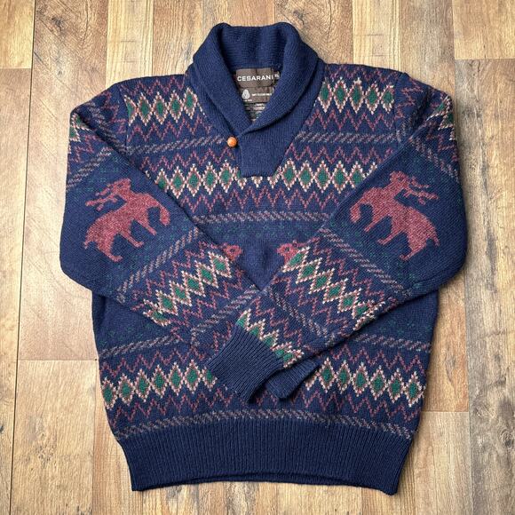 Vintage 100% Wool Knit Fair Isle V Neck Sweater Men's XL Blue Cesarani - Picture 3 of 10